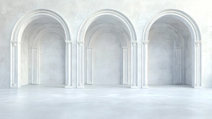 Fototapeta premium Three arched doorways in a white room; interior design