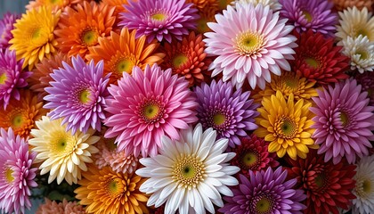 Fototapeta premium Close-up view of a vibrant bouquet of multicolored gerbera daisies, showcasing a variety of colors and textures in a stunning floral arrangement.