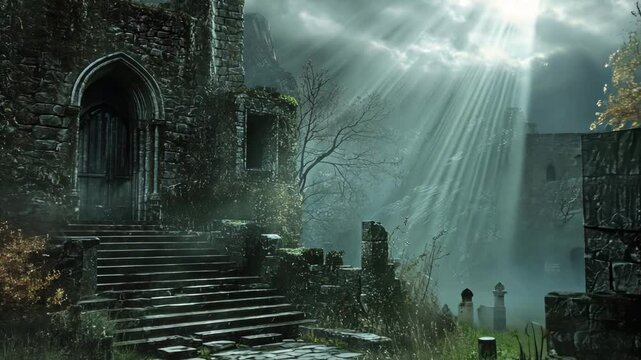 Sunbeams illuminate a mystical, overgrown stone ruin with a weathered door and steps, hinting at a forgotten past.