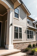 Modern House Exterior Design: Brick, Stone, and Wood Details. Contemporary Home Architecture with Stunning Facade and Landscaping