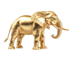 golden elephant statue isolated on transparency background, showcasing intricate details and shiny finish, symbolizing strength and wisdom
