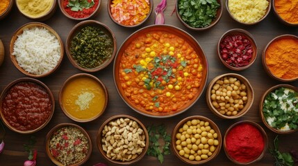 Overhead Shot of Colorful Indian Spiced Dishes and Ingredients in Wooden Bowls