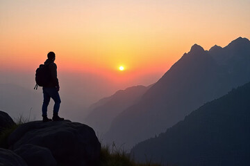 Fototapeta premium person standing on rock at sunset, overlooking mountains and valleys