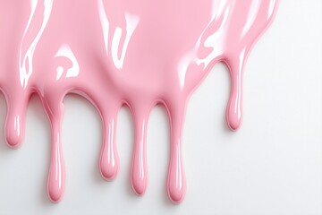 Pink liquid drops of paint color flow down on white canvas. Abstract art. Light pink paint dripping on the white wall with copy space.