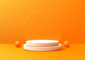 3D White Two Tiered Podium with Vibrant Orange Backdrop and Spheres for Product Display and Showcase