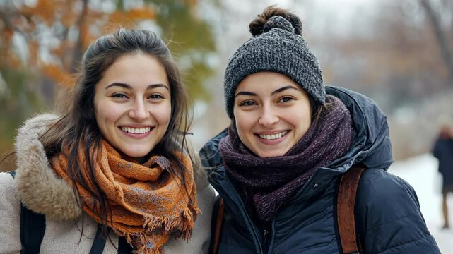 two best friend women smiling at top of mountain with green nature landscape background
