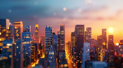 Fototapeta premium Sunset over city skyline urban landscape digital photography evening atmosphere aerial view serenity and motion