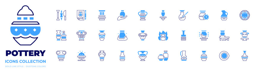 Pottery icon collection. Bold line style. Duotone colors. pot, clay, paint, ceramics, pottery, vase, amphora, bottle, clay crafting, jar