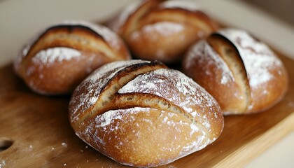 Close-up of freshly baked bread loaves, golden brown and dusted with flour, on a wooden board