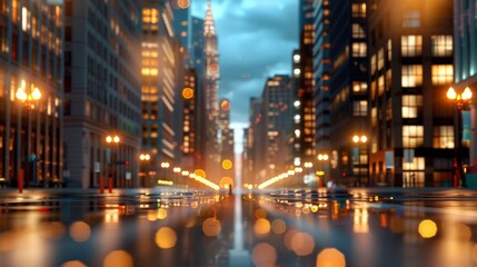 Fototapeta premium Rainy city street scene at dusk urban landscape nighttime photography moody atmosphere wide angle view