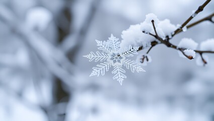 Obraz premium Snowflake is on a branch. The branch is covered in snow. The snowflake is white