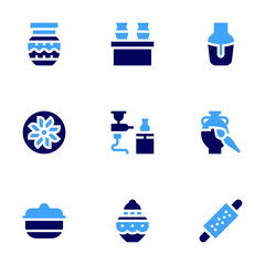 Pottery icon set. Bold style. Duotone colors. spray, clay, rolling, jar, earthenware, pottery, vase