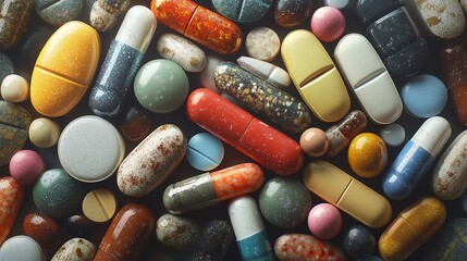 Vibrant close-up of assorted pharmaceutical pills, showcasing various shapes, colors, and sizes, representing modern medicine and healthcare solutions