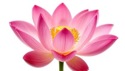 Naklejka premium Stunning Close-Up of a Pink Lotus Flower with Delicate Petals and Vibrant Yellow Stamen, Isolated on White Background