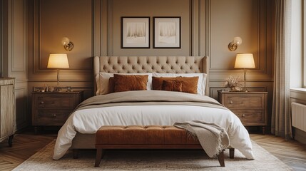 Elegant Bedroom Setting Featuring a Cozy Bed with a Soft Tan Headboard Surrounded by Warm Ambient Lighting Creating a Relaxing and Inviting Atmosphere Perfect for Rest and Comfort