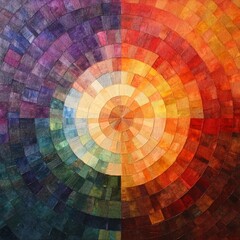 Obraz premium Colorful abstract art featuring a circular design with geometric patterns in a spectrum of vibrant colors.