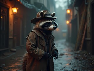 A raccoon detective in a raincoat and hat investigating a mysterious case in a dark alley with lanterns