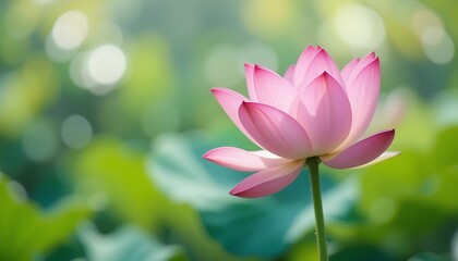 Fototapeta premium A single pink lotus flower blossoms in a serene garden setting, bathed in soft sunlight, surrounded by lush green foliage, a symbol of purity and peace.