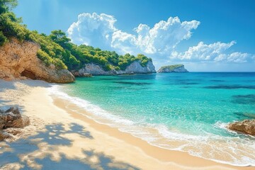 Fototapeta premium Majorca Beach Scene with Turquoise Water and Golden Sands in Cala Llombards