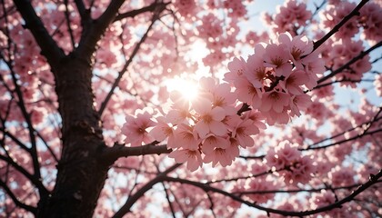 Fototapeta premium Stunning Close-Up of Pink Cherry Blossoms in Full Bloom, Sun Shining Through Petals, Springtime Beauty in Nature