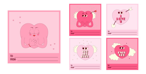 Valentine day cards with text to, from and copy space. Lovely hearts characters and text in trendy retro groovy style. Pink colors. Vector post set