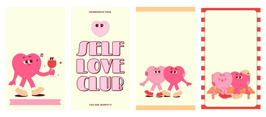 Vertical stories template heart character. Happy Valentines day, 14 February and other love themes. Retro groovy style. Vector set with copy space