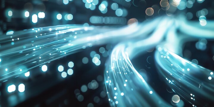 High-speed data transfer with neon blue fiber optic cables in a secure server environment. Modern tech aesthetic with professional lighting, space for text. Stock photo