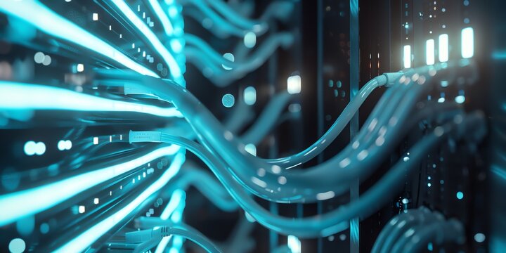 High-speed data transfer with neon blue fiber optic cables in a secure server environment. Modern tech aesthetic with professional lighting, space for text. Stock photo