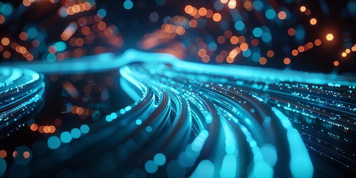 High-speed data transfer with neon blue fiber optic cables in a secure server environment. Modern tech aesthetic with professional lighting, space for text. Stock photo