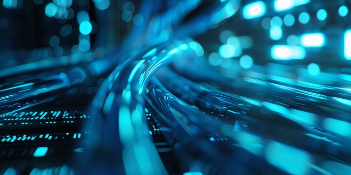 High-speed data transfer with neon blue fiber optic cables in a secure server environment. Modern tech aesthetic with professional lighting, space for text. Stock photo