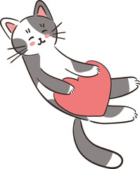 Adorable cartoon cat with pink heart. Hand drawn vector illustration for Valentines Day greeting card. Cat love human. Pet care concept.