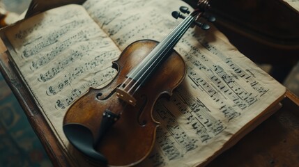 Naklejka premium Antique Violin on Vintage Sheet Music