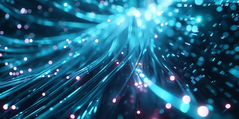 Naklejka premium High-speed data transfer with neon blue fiber optic cables in a secure server environment. Modern tech aesthetic with professional lighting, space for text. Stock photo