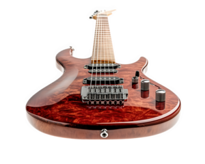 stunning electric guitar with glossy finish, showcasing intricate wood grain and sleek design. Perfect for musicians and collectors alike