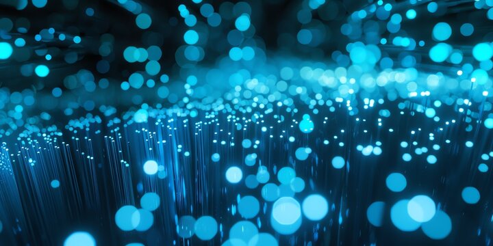 High-speed data transfer with neon blue fiber optic cables in a secure server environment. Modern tech aesthetic with professional lighting, space for text. Stock photo