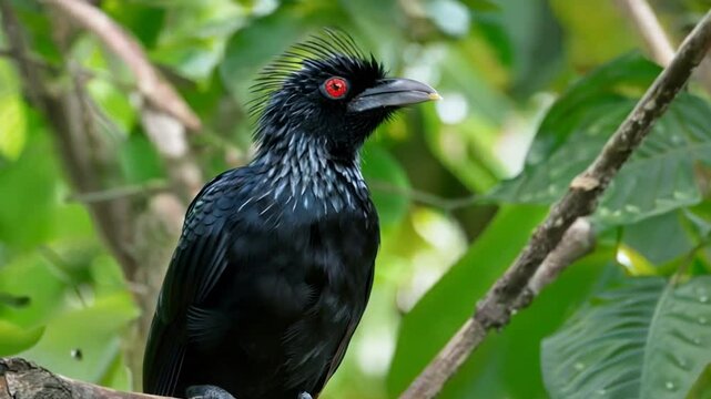Asian Koel. an asian koel sings on a branch. the koel perched among the greenery. a close-up of a singing koel.
