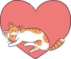 Adorable cartoon cat with pink heart. Hand drawn vector illustration for Valentines Day greeting card. Cat love human. Pet care concept.
