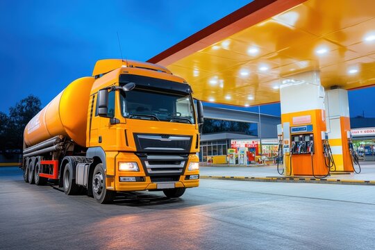 Brightly Lit Fuel Station with Yellow Fuel Truck at Night under Calm Blue Sky