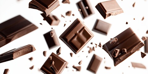 Milk chocolate pieces falling on white background