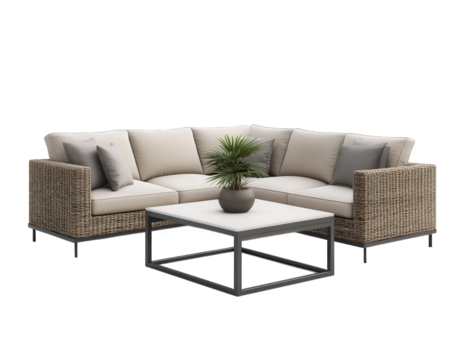 Modern patio sofa set with coffee table, featuring comfortable cushions and stylish design. Perfect for outdoor relaxation and gatherings