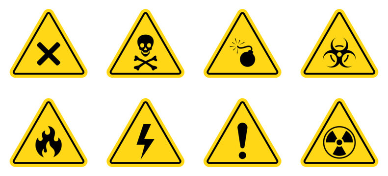 Set of danger, warning sign symbol. Poison, toxic, biohazard caution sign vector icons. Skull, chemical danger yellow triangle symbol element. Flat design. Vector illustration