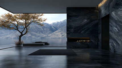 Mountain lake view from modern home's living room