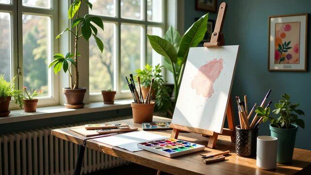 A painting easel with a white canvas on it. There are several potted plants on the table