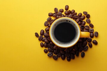 Yellow coffee cup with black coffee surrounded by coffee beans on minimalistic bright background