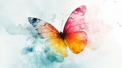 28.A minimalist yet elegant butterfly watercolor poster, featuring a single butterfly with watercolor wings in gradient tones of pink, orange, and yellow. The background is a soft, faded wash of