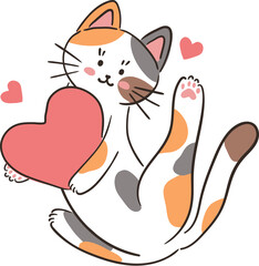 Adorable cartoon cat with pink heart. Hand drawn vector illustration for Valentines Day greeting card. Cat love human. Pet care concept.