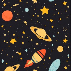 Fototapeta premium Seamless Cosmic Space and Stars Pattern Background with Planets Rockets and Celestial Elements
