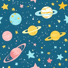 Seamless Space and Stars Pattern Background with Colorful Planets  Celestial Bodies  and Whimsical Astronomical Elements