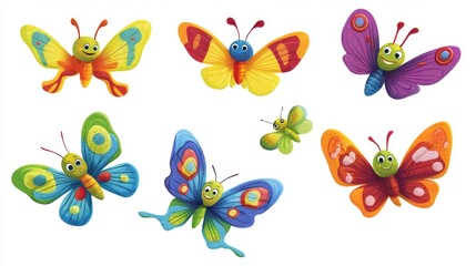 42.A collection of multicolored, smiling cartoon butterflies flying gracefully across a white background. Each butterfly is uniquely designed with playful features, ideal for use in party
