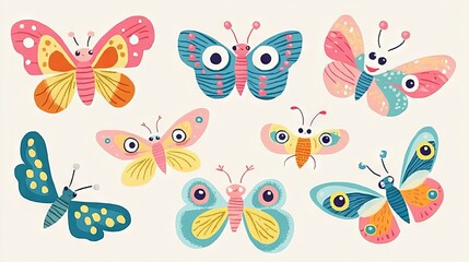 46.A delightful collection of smiling, multicolored cartoon butterflies with exaggerated features, including large eyes and wide grins. The butterflies are illustrated in vibrant colors like pink,